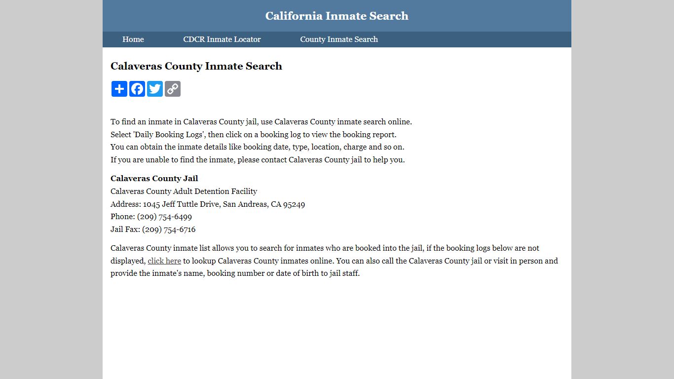 Calaveras County Inmate Search